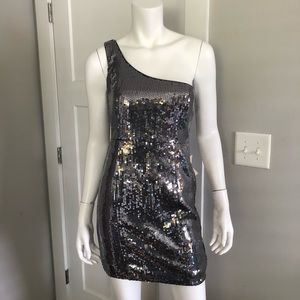 NWT Silver Sequin Dress S One Shoulder Mini Party